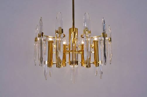 Sciolari brass chandelier with crystals, 9 lights, 1970`s, Italian